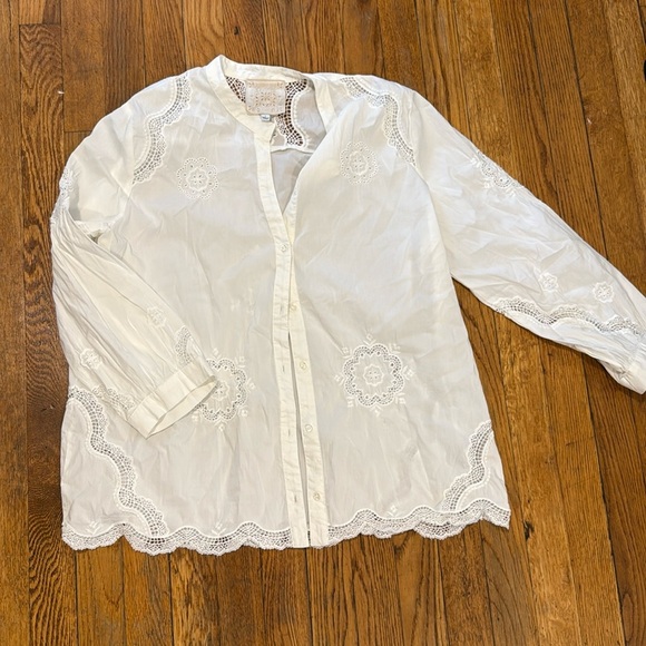 Johnny Was NURA eyelet peasant button down blouse size L white - Picture 2 of 7